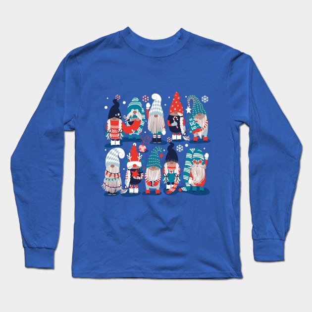 Let it gnome // spot blue background little Santa's helpers preparing for Christmas neon red classic oxford and pastel blue dressed gnomes Long Sleeve T-Shirt by SelmaCardoso